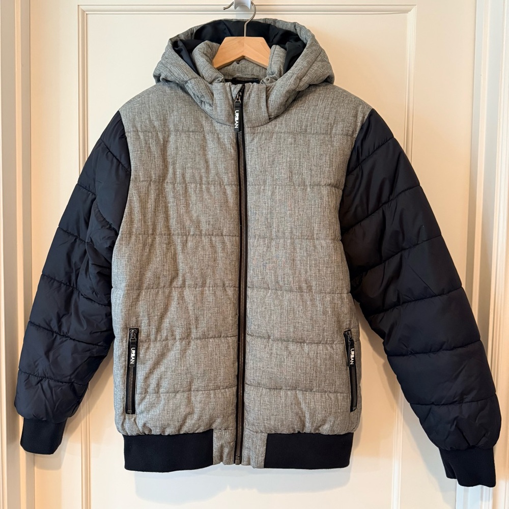 H&M Gray and Black Hooded Puffer Jacket - Size 13-14Y